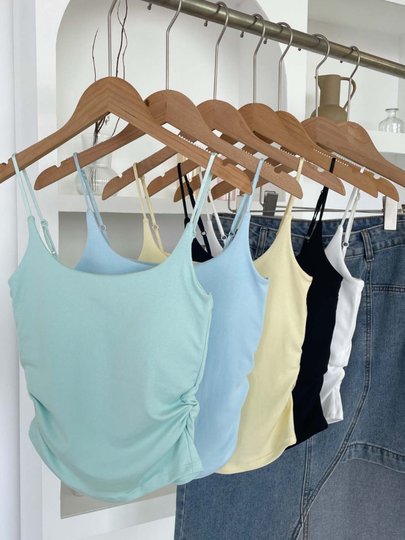 Fresh and Pure Style Design Pleated Camisole for Women, Suitable for Outerwear or Layering, with Chest Pads, Slim Fit, Beautiful Back Top for Summer