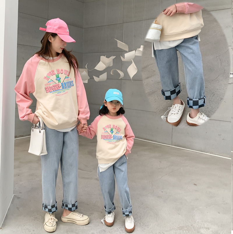 Pro-child clothing jeans Mother and daughter spring new children Han version loose 100 lap straight barrel wide pants