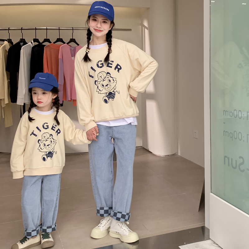 Pro-daughter dress female foreign palate for spring and autumn long sleeves loose tiger printed boy girl mother and son with blouse cotton