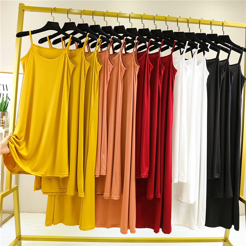 Summer New Casual Sleeveless Camisole Slip Dress Solid Color Plus Size Slim Fit Thin Long Dress for Women Black