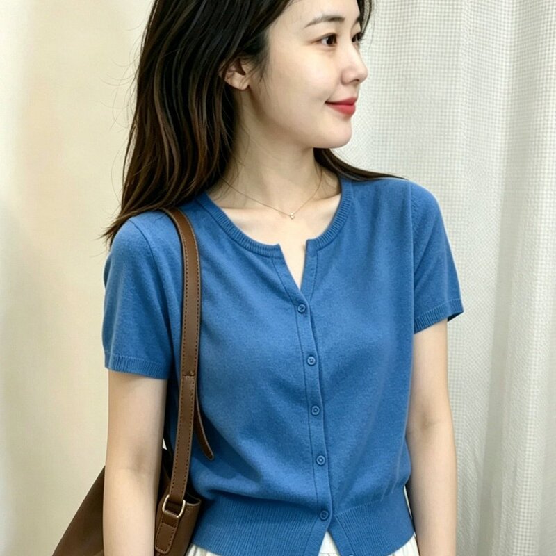 Super Bright Blue Ice Silk Knit Cardigan for Women, Summer Short-Sleeve T-Shirt, Versatile Base Shirt, Age-Reducing Top