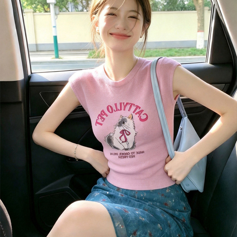 Cartoon Cat Print Pink Knitted Vest for Women 2026 Summer Super Popular Age-Reducing T-Shirt Outer Wear Slim Sleeveless Top