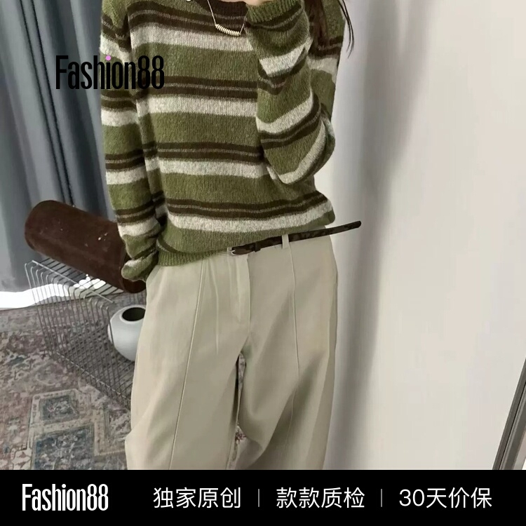 Korean-Style Lazy Retro Color-Block Striped Long-Sleeve Knit Sweater for Women, Autumn Niche Design, Loose Fit, Slimming Round-Neck Top