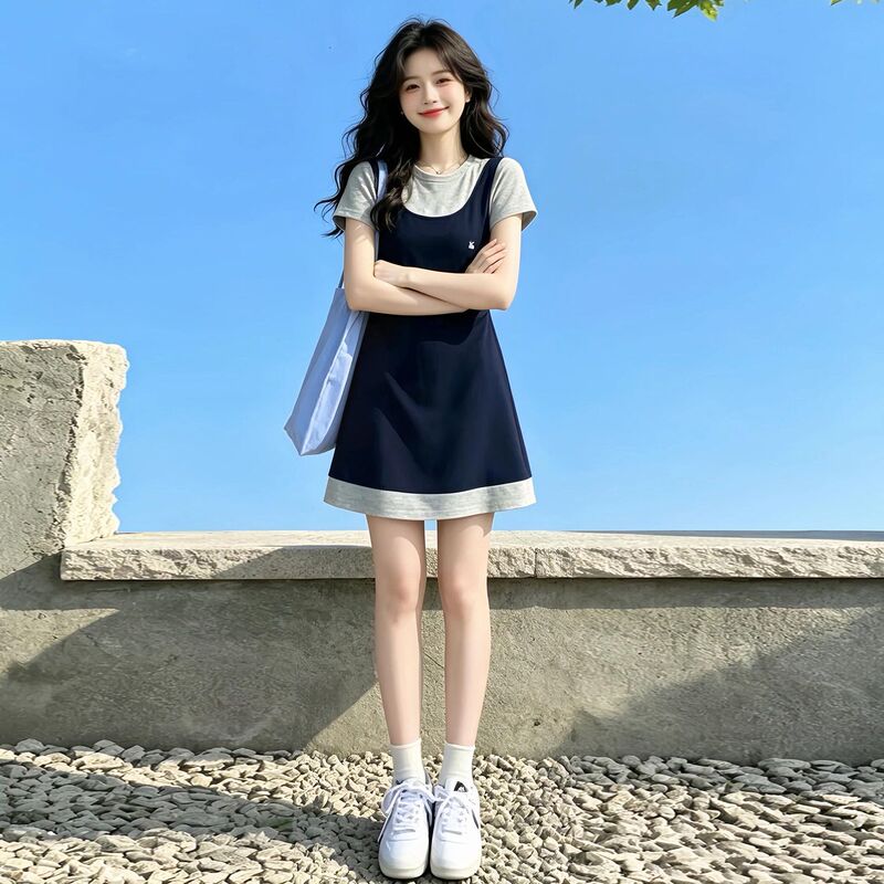 Beautiful Summer French-Style Faux Two-Piece Dress for Women, New 2026 Summer Style, Petite Waist-Cinching Slimming Short Dress