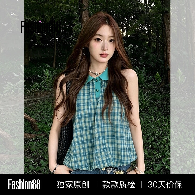American-Style Elegant Plaid Doll-Collar Sleeveless Shirt, New Summer Design, Loose-Fitting, Age-Reducing Vest Top American-Style Elegant Plaid Doll-Collar Sleeveless Shirt, New Summer Design, Loose-Fitting, Age-Reducing Vest Top
