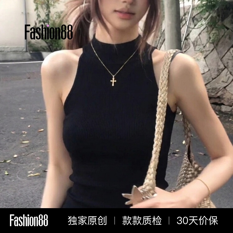 Black Half-High Collar Knitted Camisole for Women, New Summer Style, American-Style Hot Girl Slim-Fit Short Sleeveless Top Black Half-High Collar Knitted Camisole for Women, New Summer Style, American-Style Hot Girl Slim-Fit Short Sleeveless Top