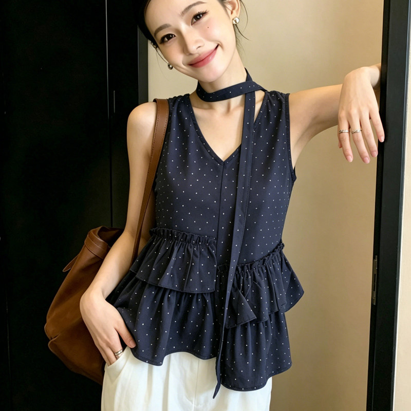 Korean-Style Sweet Navy Blue Age-Reducing Polka Dot Vest Shirt 2026 Sleeveless Summer New Lotus Leaf Top Loose Fit for Women Korean-Style Sweet Navy Blue Age-Reducing Polka Dot Vest Shirt 2026 Sleeveless Summer New Lotus Leaf Top Loose Fit for Women