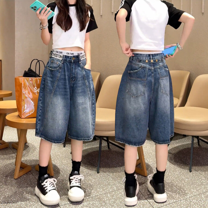 Plus-Size American-Style Denim Shorts for Women, Summer Thin Style, 2026 New Model, Summer Mid-Length Shorts for Plus-Size Women, Slimming High-Waisted Five-Point Shorts