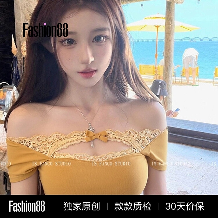 Pusuyode Ginger Yellow Sweet and Spicy One-Shoulder Short-Sleeved Feminine Lace Cutout Bow Elegant Short Top