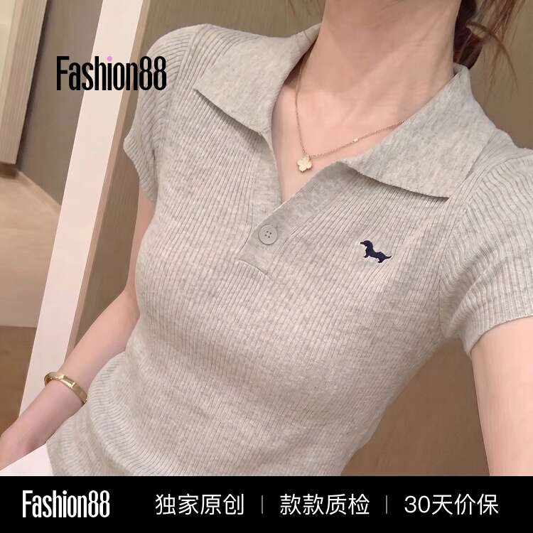 Polo Collar Short-Sleeve Knit Shirt for Women, Summer 2026 New Style, Slim Fit, Embroidered with a Small Dog Design, Ice Silk Top Polo Collar Short-Sleeve Knit Shirt for Women, Summer 2026 New Style, Slim Fit, Embroidered with a Small Dog Design, Ice Silk Top
