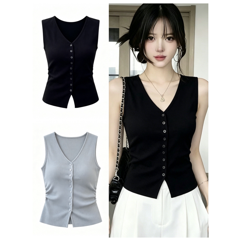 Simple V-Neck Sleeveless Knitted Vest for Women, Thin and Slim-Fitting with Unique Buttons, Super Stylish Cardigan Outerwear Vest Top Simple V-Neck Sleeveless Knitted Vest for Women, Thin and Slim-Fitting with Unique Buttons, Super Stylish Cardigan Outerwear Vest Top