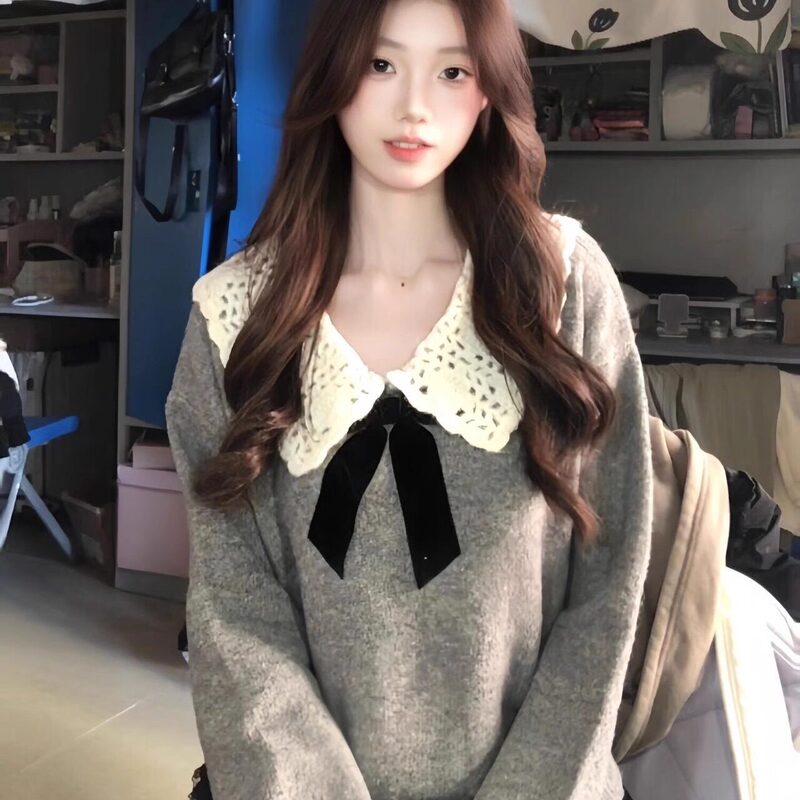 Gray Doll Collar Crochet Bow Knit Sweater for Women 2026 Spring and Autumn New Loose Niche Style Thick Sweater Top Gray Doll Collar Crochet Bow Knit Sweater for Women 2026 Spring and Autumn New Loose Niche Style Thick Sweater Top