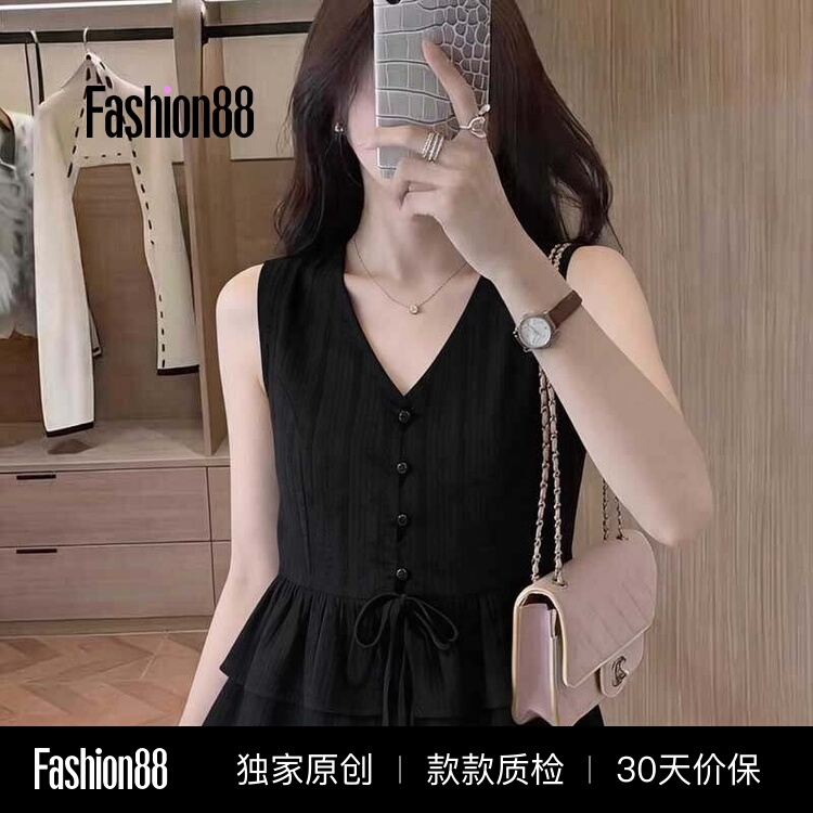 French-Style High-End Black V-Neck Sleeveless Vest Top for Women, Summer Tie-Bow Elegant Gentle Style Shirt