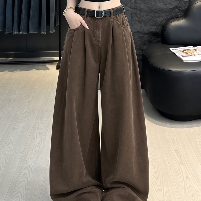 Maillard Brown Drapey Wide-Leg Jeans for Women, Summer American Retro High-Waisted Loose Slimming Straight Long Pants