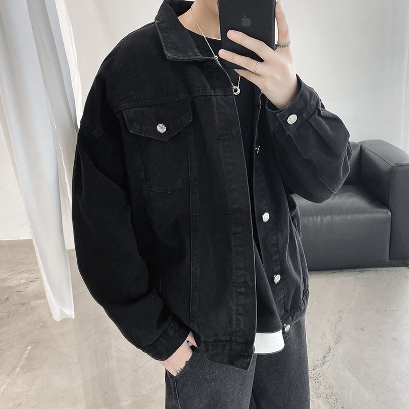 Spring ruffian handsome black denim jacket men's trendy loose Korean version of the trend of Hong Kong ventilation function all-match solid color work jacket