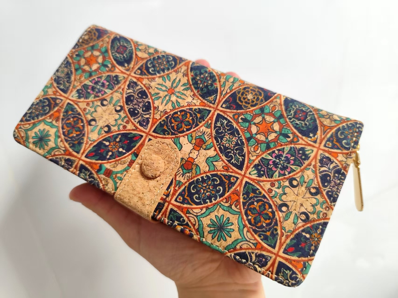 Vintage Tile-Pattern Cork Wallet with Buckle, Long Style, Multiple Card Slots, Clutch Bag, Lightweight Coin Purse, Gift for Friends or Girlfriend