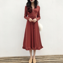 Early season skirt autumn and winter 2021 thin long sleeve temperament spring and autumn wisdom smoked Platycodon grandiflorum French retro Womens