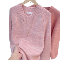 Very Fairy Pink V Collar Soft Glutinous Cashmere Sweater Womens Winter Thickening Loose and Lazy Wind Outwear Sweet and Gentle Day Ensemble