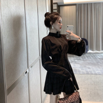 Large size autumn black long sleeve plaid dress waist thin temperament womens 2021 New Korean version