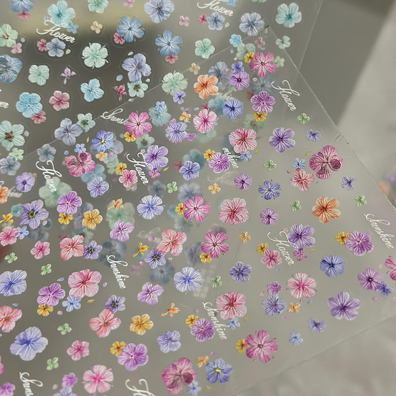 Nail Art Dried Flower Embossed Stickers, Popular Spring Item, Monet Garden Five-Petal Flower, Purple Small Floral DIY Nail Decorations