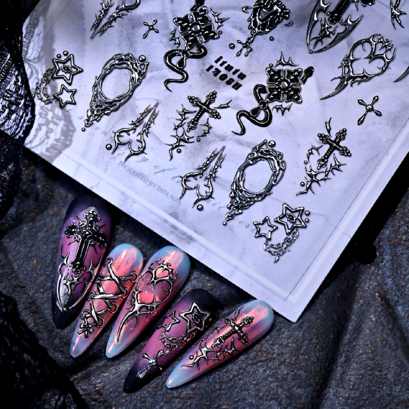 Spicy Girl Niche Thorn Totem Nail Stickers Dark Gothic Crow Heart Cross DIY Nail Decoration Accessories