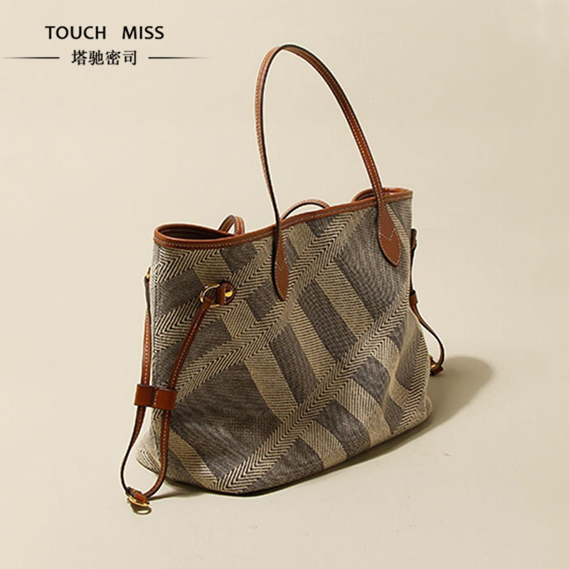Touch Miss Summer Light Luxury Fashion Handbag Shoulder Bag Large Capacity Distinctive Striped Tote Canvas Bag for Women