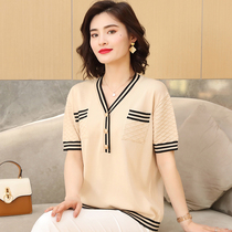 Summer large size womens clothing fat mm Summer Korean version loose 200 pounds v-neck short-sleeved womens belly top t-shirt thin