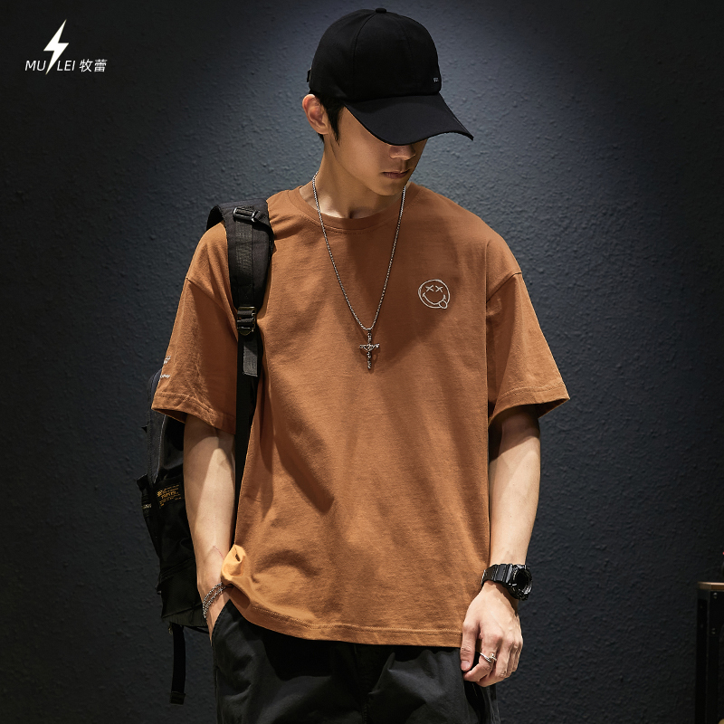 Short-Sleeved T-Shirt for Men, Trendy Brand, Embroidered, Trendy Half-Sleeve, Loose Fit, Large Size, Round Neck, Pure Cotton, Casual T-Shirt, Coffee-Colored Clothing