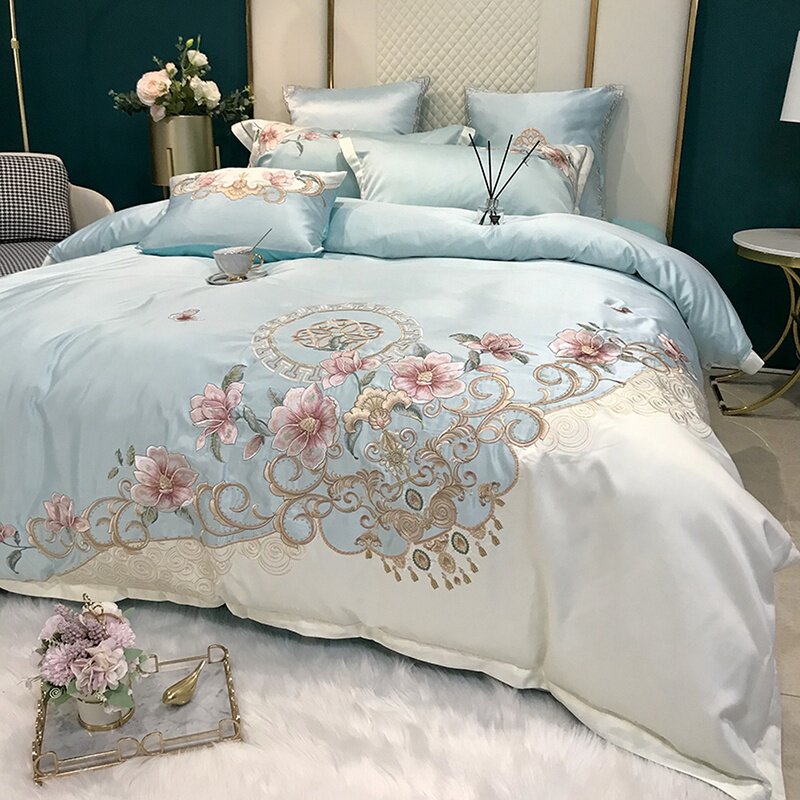 Upscale European-style three-dimensional embroidered four-piece set Field Garden Wind All-cotton Pure Cotton Quilt Cover Bed Linen 1 8m Bed Hat Bedding