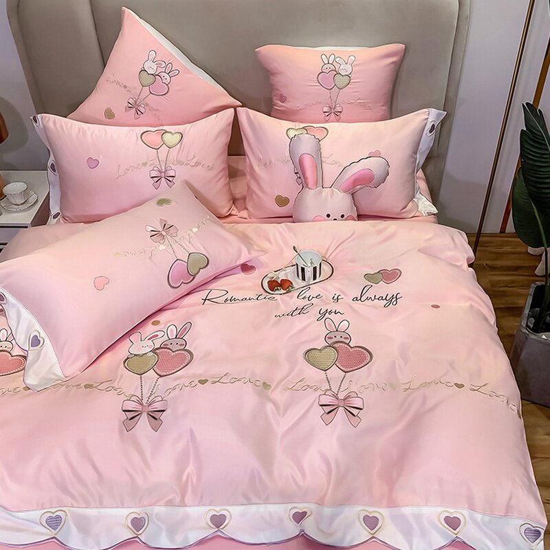 Eurostyle little frescoed 60 long suede cotton four pieces full cotton pure cotton bed sheet Pink Male main wind bed Supplies