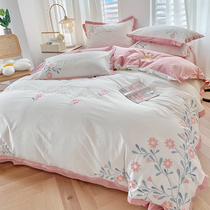 Summer small frescoed 100% pure cotton four pieces of field garden wind small flower embroidered quilt cover sheet full cotton 1 8m bed hat-hat