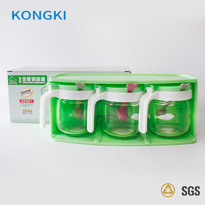 Small three-like glass flavor cans salt cans quantitative control cans kitchen flavor with cover with spoon container box