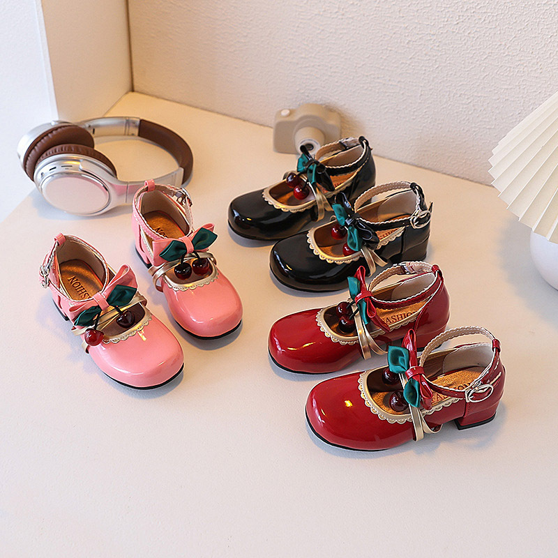 Girls' High-Heeled Shoes, Shiny Princess Shoes, Little Girls' Cherry Lo Shoes, Lolita Spring and Autumn Style Single Shoes, Baby Leather Shoes