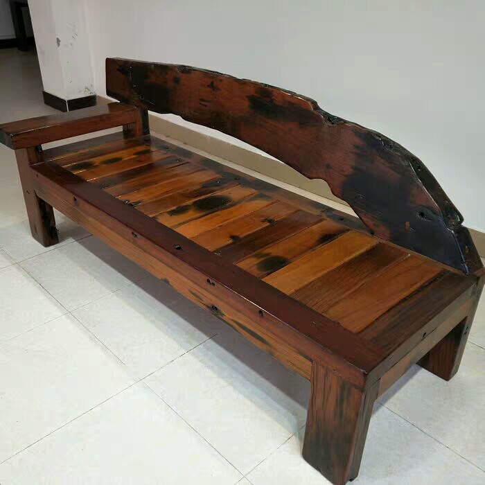 Old boat wooden chaise longue solid wood three-seater sofa chair bedroom leisure chair recliner lazy bed living room simple sofa