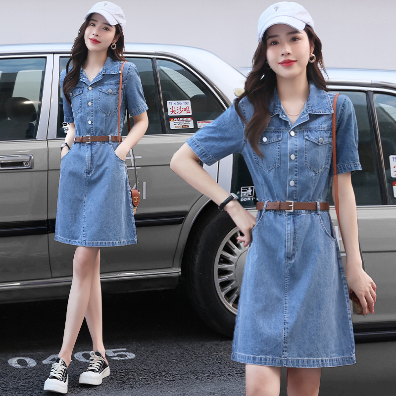 Tencel Denim Dress for Women, Short-Sleeved, 2026 Summer New Style, Age-Reducing, Thin, Slim-Fitting, Mid-Length A-Line Dress