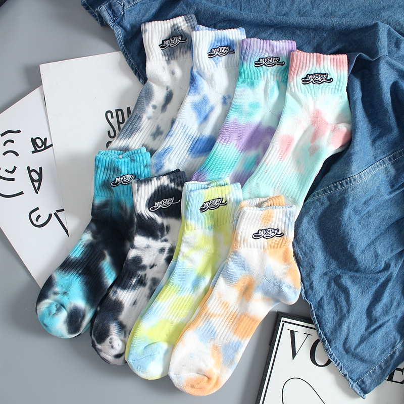 Tie-Dye Mid-Calf Socks for Men ins Trendy Spring and Autumn Short Socks Thickened Towel Bottom Pure Cotton Sweat-Absorbent Sports Low-Cut Terry Socks