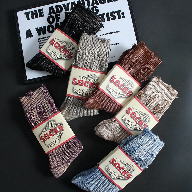 European and American Style Vintage Tie-Dye Socks for Men, Mid-Calf Ripped Socks, Trendy Spring and Autumn Workwear, Korean Style Splash-Ink Long Socks for Women
