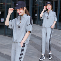 Casual pants drawstring sports set womens summer sweater 2021 New loose short sleeve foreign style wide leg two-piece tide