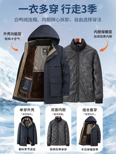 Papas Winter-Daunenjacke, herausnehmbares Innenfutter für Männer mittleren und älteren Alters, dazu Samt und verdickte kältebeständige Kleidung, Opas warme Jacke