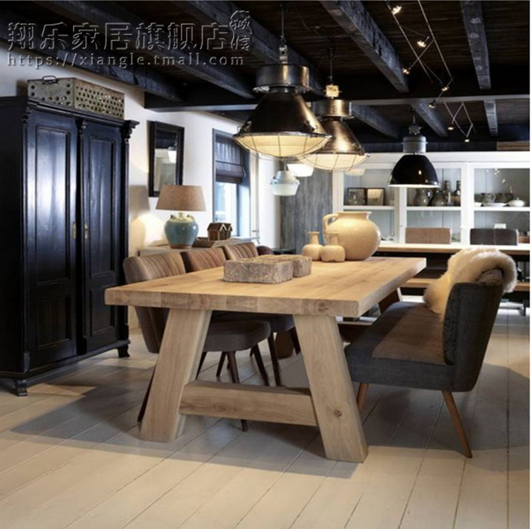 Nordic solid wood rectangular dining table conference table log long table business American retro desk negotiation table