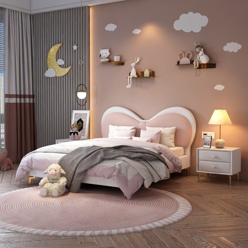Light luxury children's leather pink butterfly princess bed modern minimalist girl 1 5m soft bag girl creative leather bed