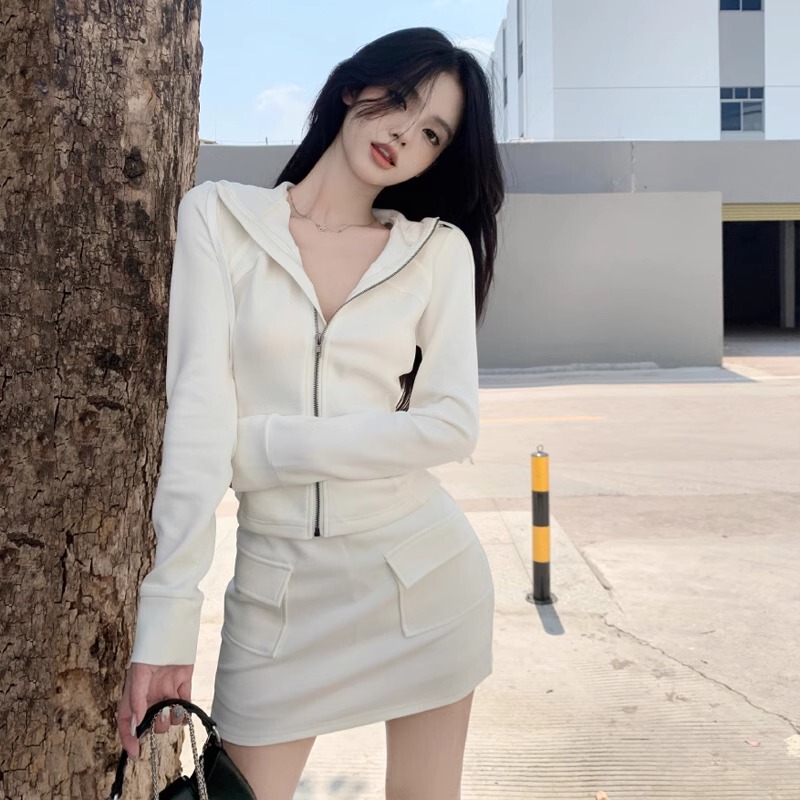 Pure Lust Style White Casual Sports Suit for Women Spring & Fall Short Hooded Cardigan Jacket Hip-Covering Skirt Two-Piece Set
