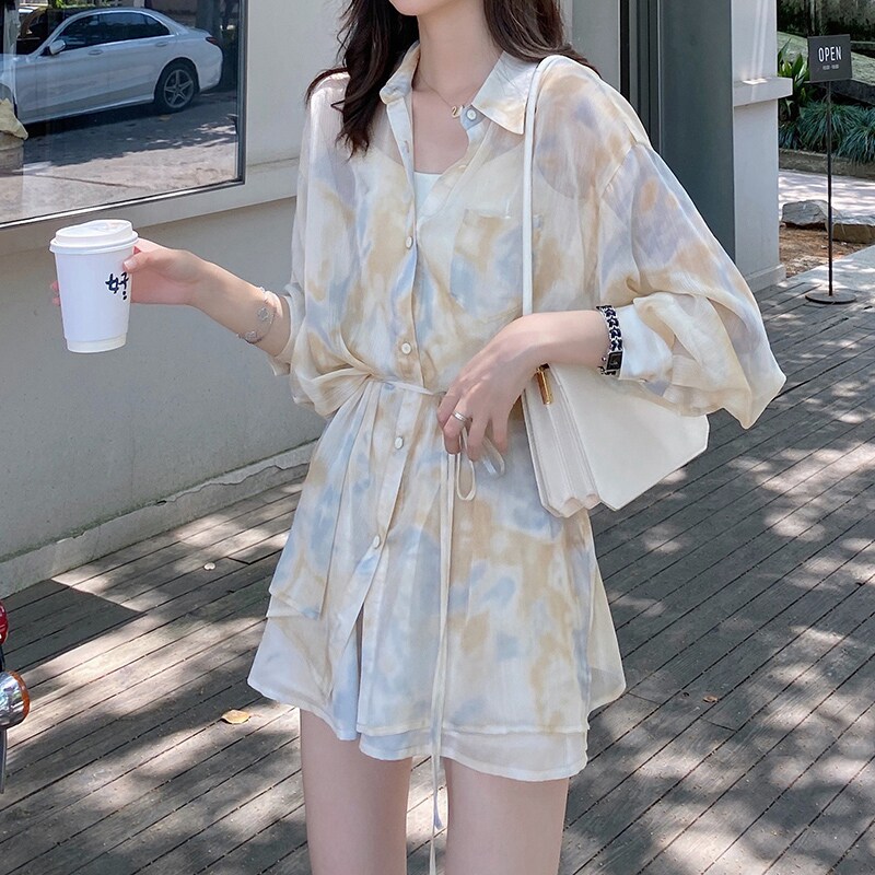 Spring salt port style vintage chic small man high fried street chiffon shirt wide leg shorts two-piece suit female