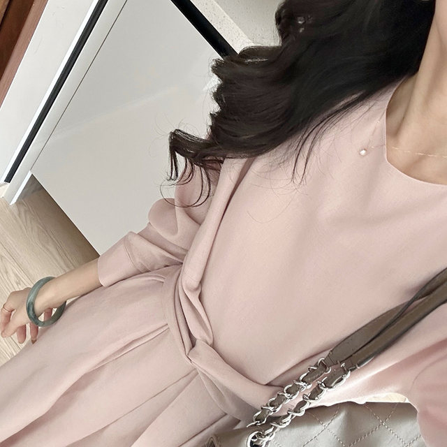 2023 women's new tea break French retro formal occasion texture high-quality pink long-sleeved dress spring and summer