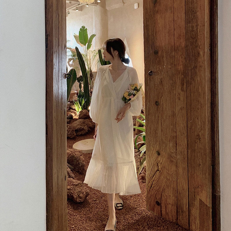 Early spring chic gentle wind French fairy dress bellflower Mori super fairy sweet princess white dress childrens summer