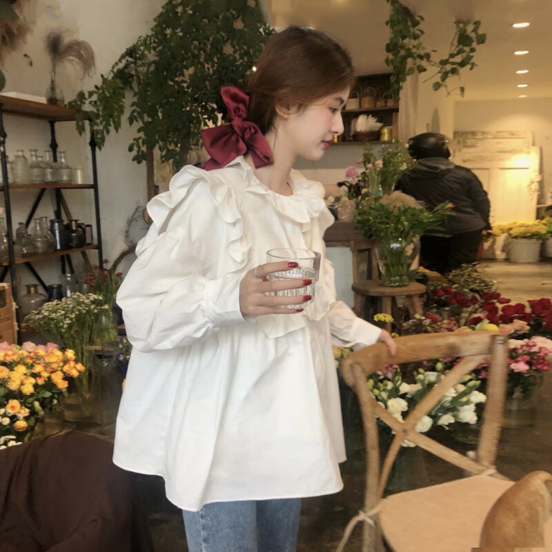 2021 early spring new college wind small round neck doll shirt Korean version chic fungus edge white shirt summer women