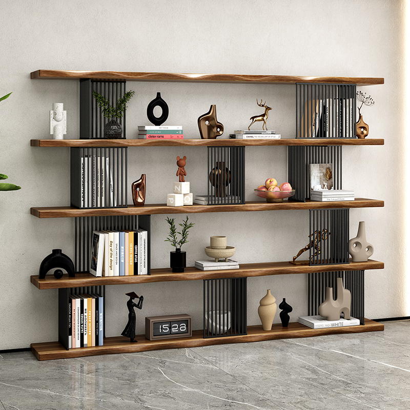 Living Room Partition Solid Wood Bookshelf Floor-Standing Storage Rack Wall-Mounted Multi-Layer Bookcase Integrated Against the Wall with a Light Luxury and High-End Feel