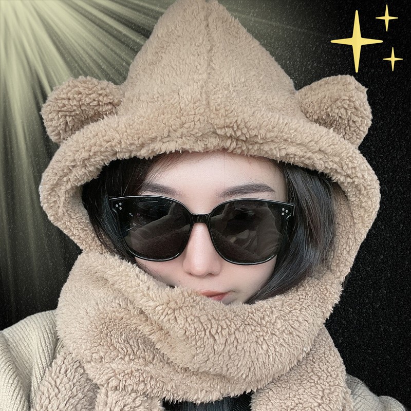 Hat scarf gloves three-in-one small bear furry walled neck integrated with three sets of gush thickened winter warm women