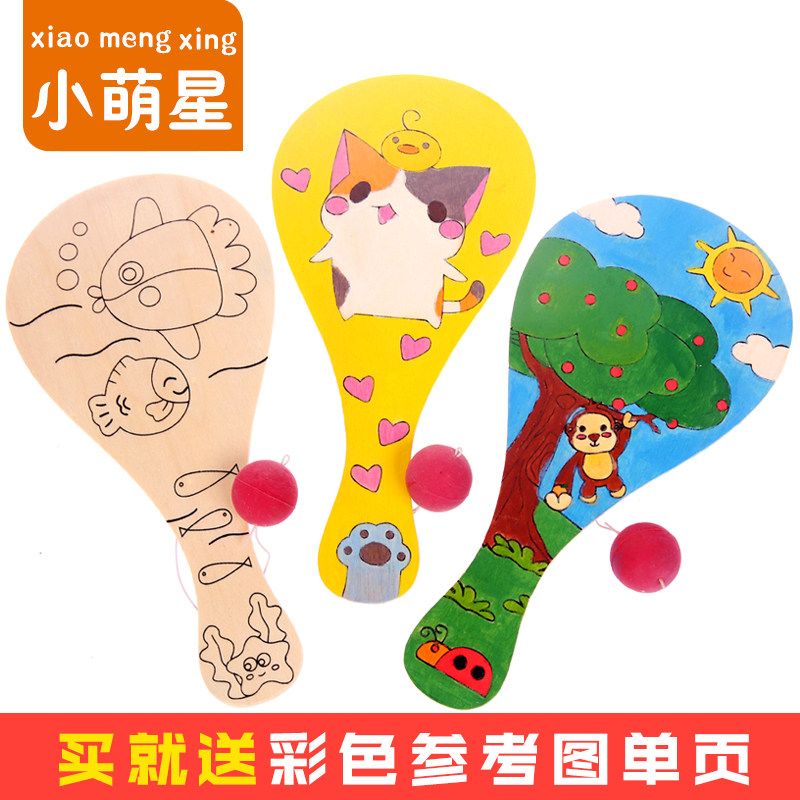 Wooden racket kindergarten children handmade diy to make drawing graffiti toy slapping ball match props to send the ball