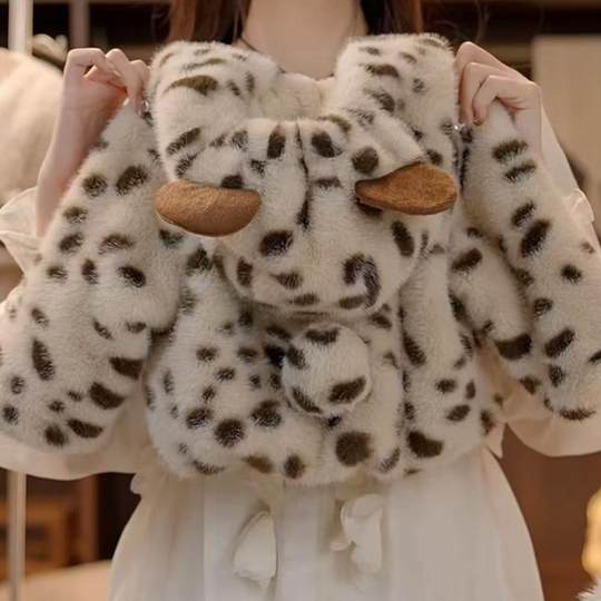 Girls leopard print fur coat 2025 new fashionable children's plush hooded sweater mink fur warm winter clothing